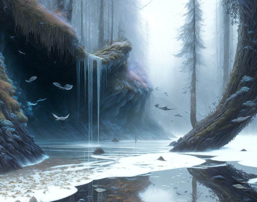 Mystical forest with waterfall, flying fish, misty trees & reflective water