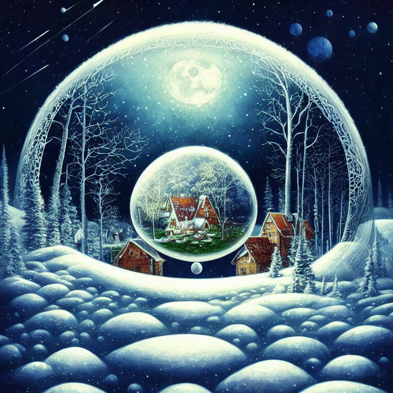 Snowy Winter Night Scene with Cozy Houses in Transparent Spheres