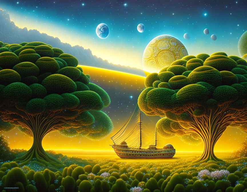 Vibrant green trees, ship, celestial bodies in fantastical night sky