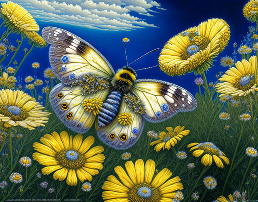 Colorful Butterfly Painting with Flowers Against Night Sky