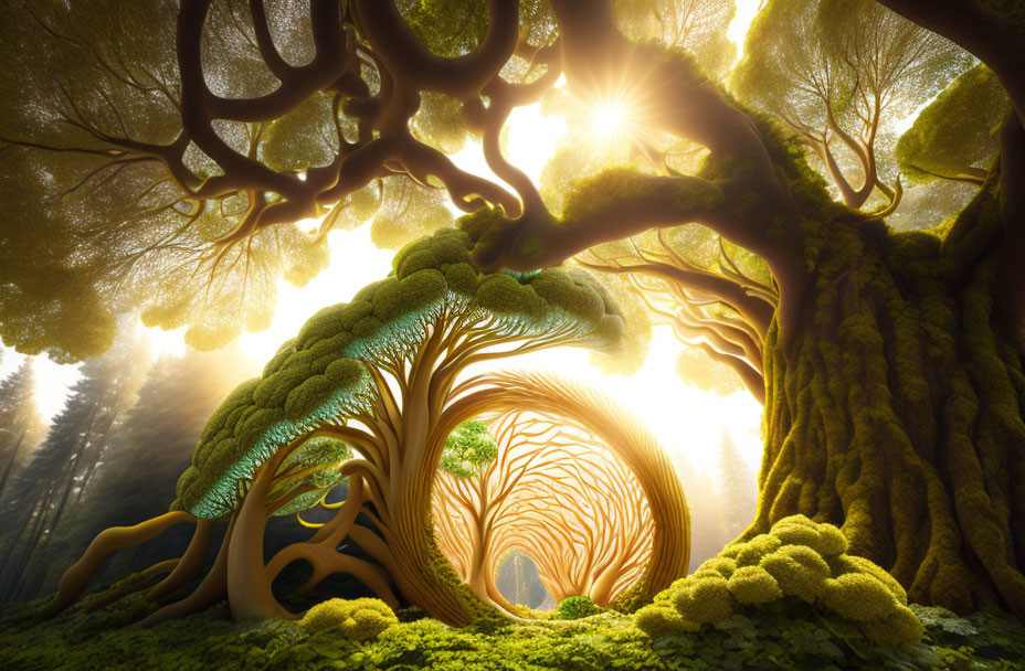 Fantastical forest scene with twisted trees under warm sun