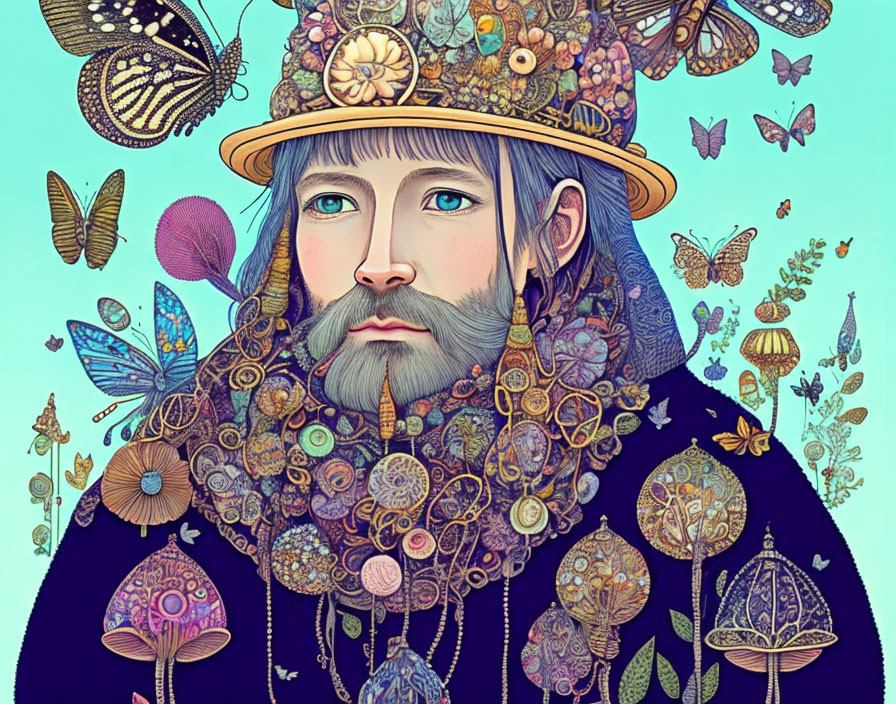 Colorful Flower Beard and Whimsical Hat Illustration with Butterflies