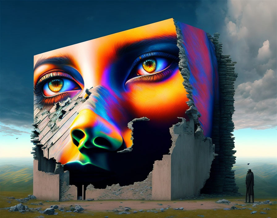 Surreal artwork: Vibrant face, crumbling wall, lone figure in desolate landscape