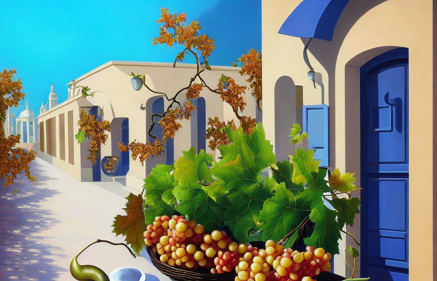 Colorful Mediterranean Street Scene with White Buildings and Grapes Basket