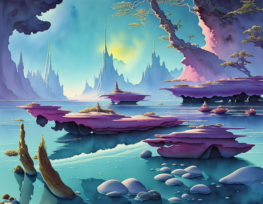 Fantasy landscape with floating islands and spires in pink and blue hues