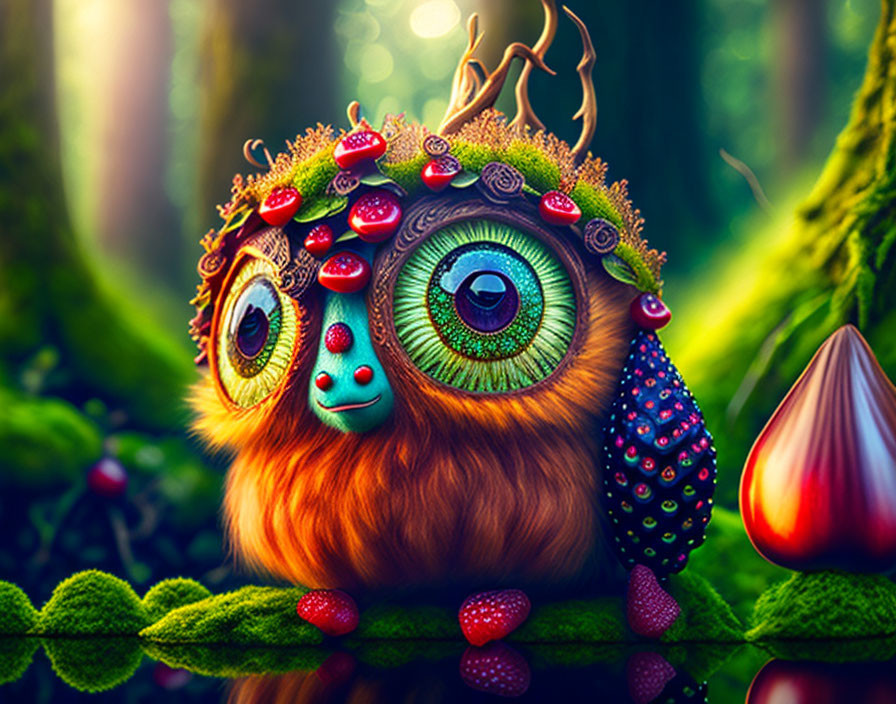 Whimsical creature with expressive eyes in enchanted forest