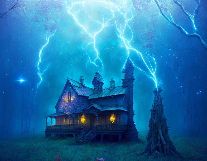 Victorian house in foggy forest under stormy sky with blue lightning