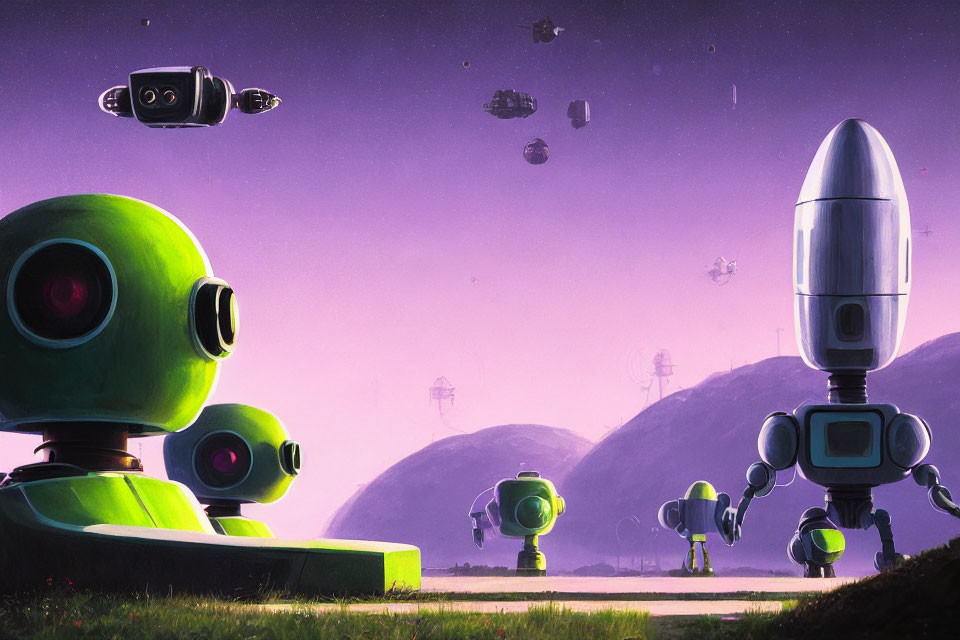 Stylized robots in lush landscape under purple sky