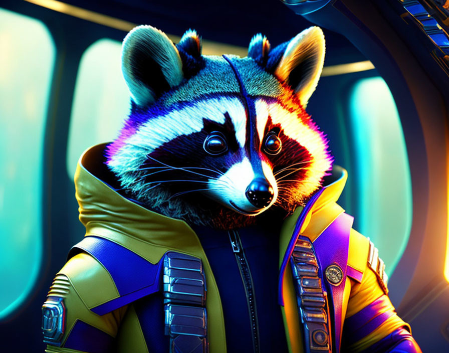 Colorful Space Suit Worn by Anthropomorphic Raccoon in Spaceship Cockpit