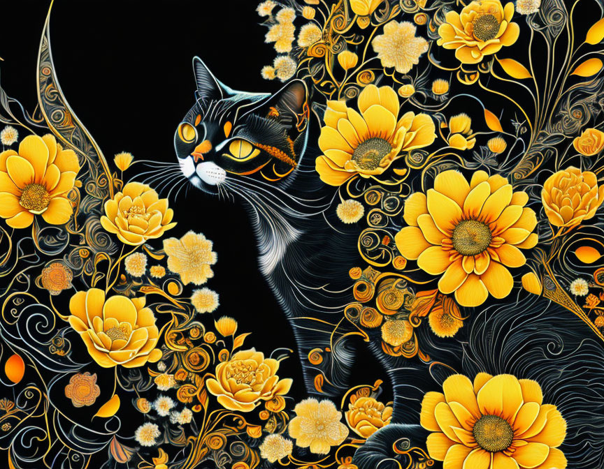 Illustrated black and white cat with golden flowers on dark background