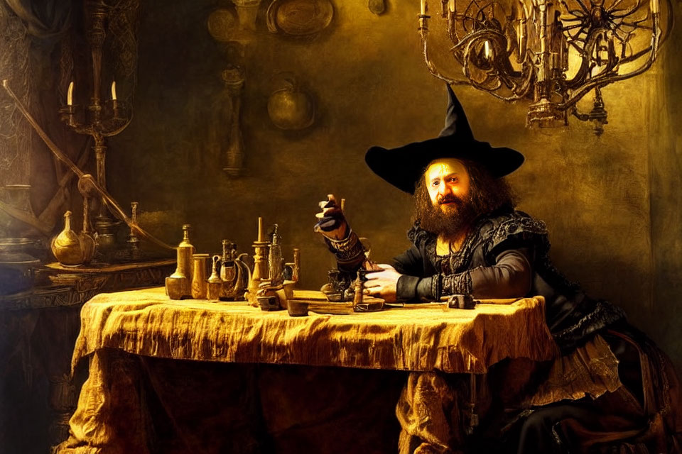 Wizard with Beard and Hat at Table with Candles and Bottles