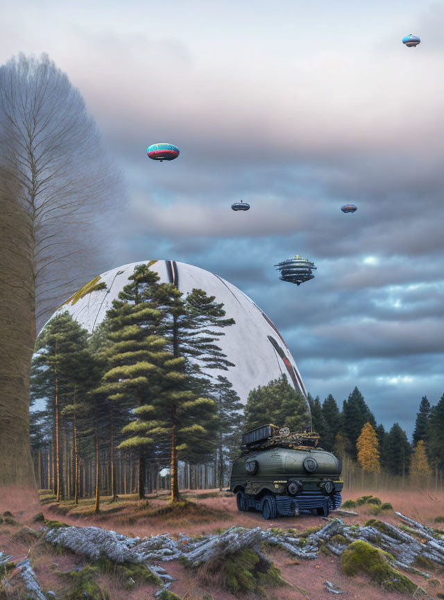 Military vehicle under twilight sky with futuristic structures and hot air balloons in surreal landscape.