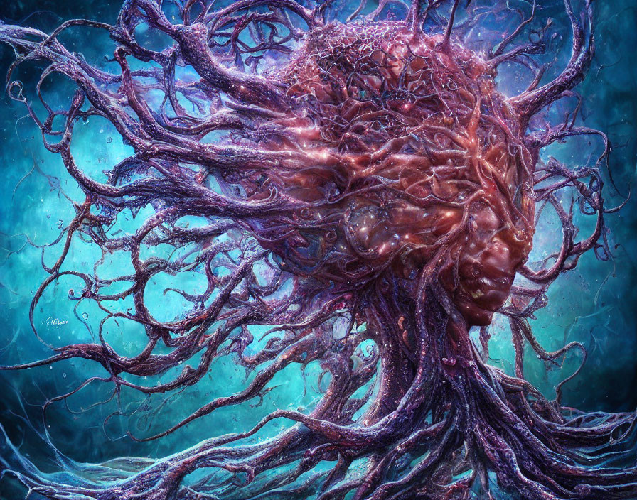 Surreal organic tree structure with brain-like core on turquoise backdrop