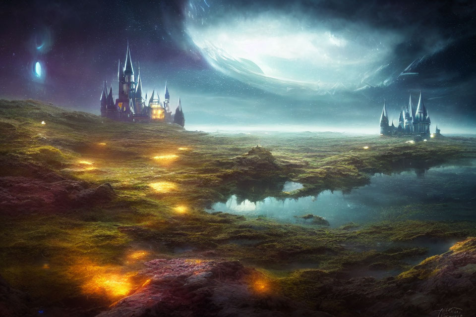 Mystical Landscape with Illuminated Castles and Celestial Sky