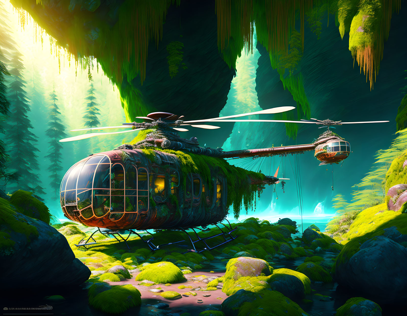 Overgrown foliage helicopters landing in lush green forest