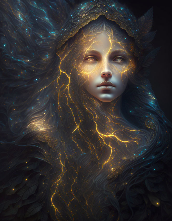 Mystical portrait of figure with luminous veins and feathered cloak