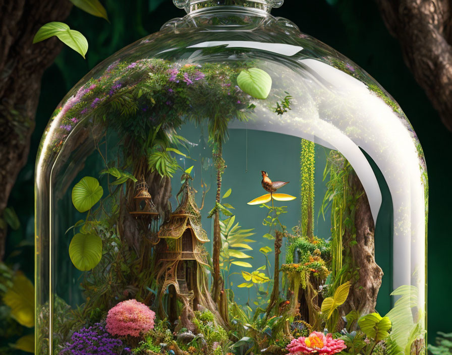 Miniature fairy-tale cottage in whimsical terrarium with butterfly and greenery