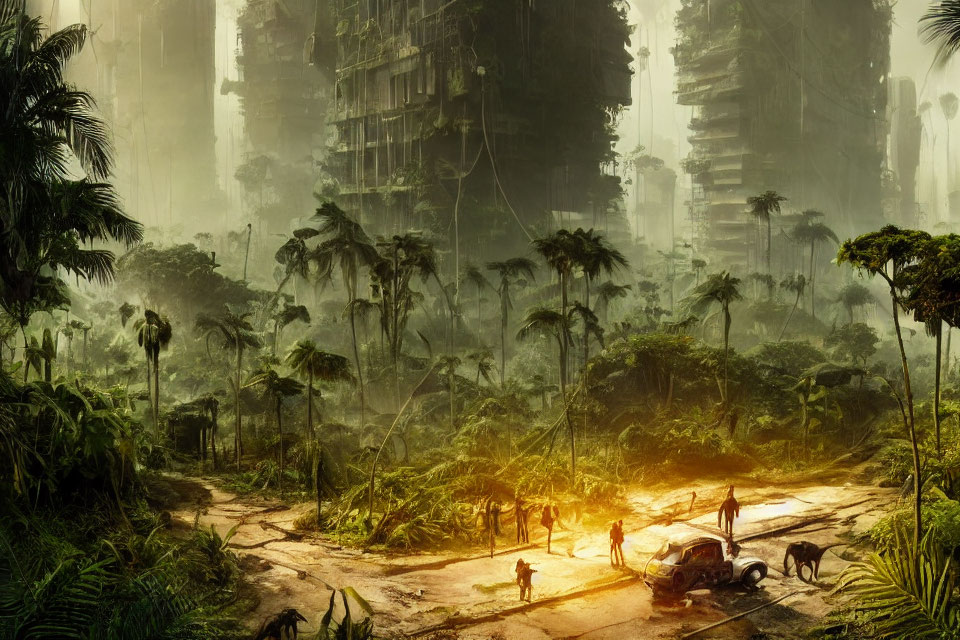 Post-apocalyptic scene with overgrown ruins, lush jungle, scattered vehicles, and explorers under sun