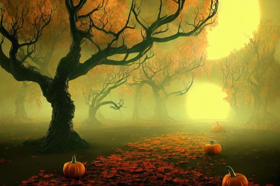 Spooky autumn forest with twisted trees, misty backdrop, orange leaves, and pumpkins