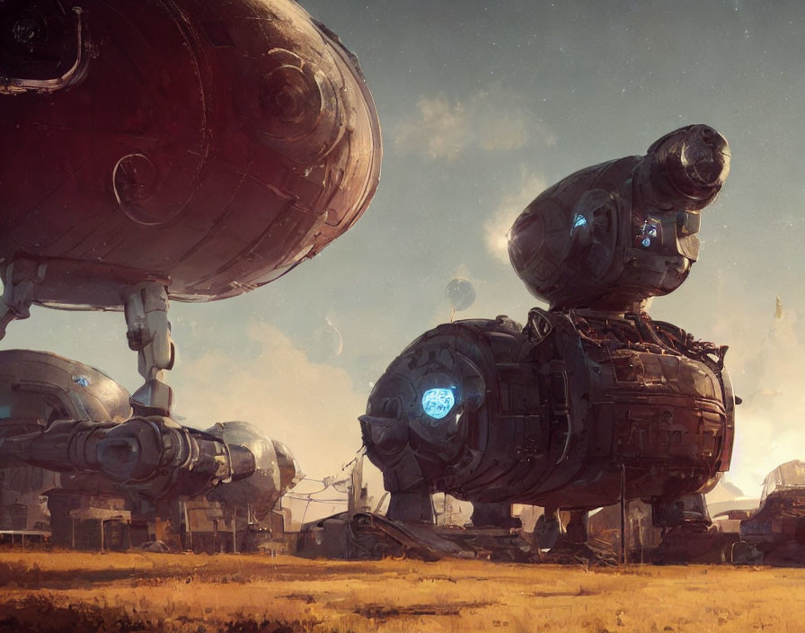 Futuristic landscape with towering robots in industrial ruins