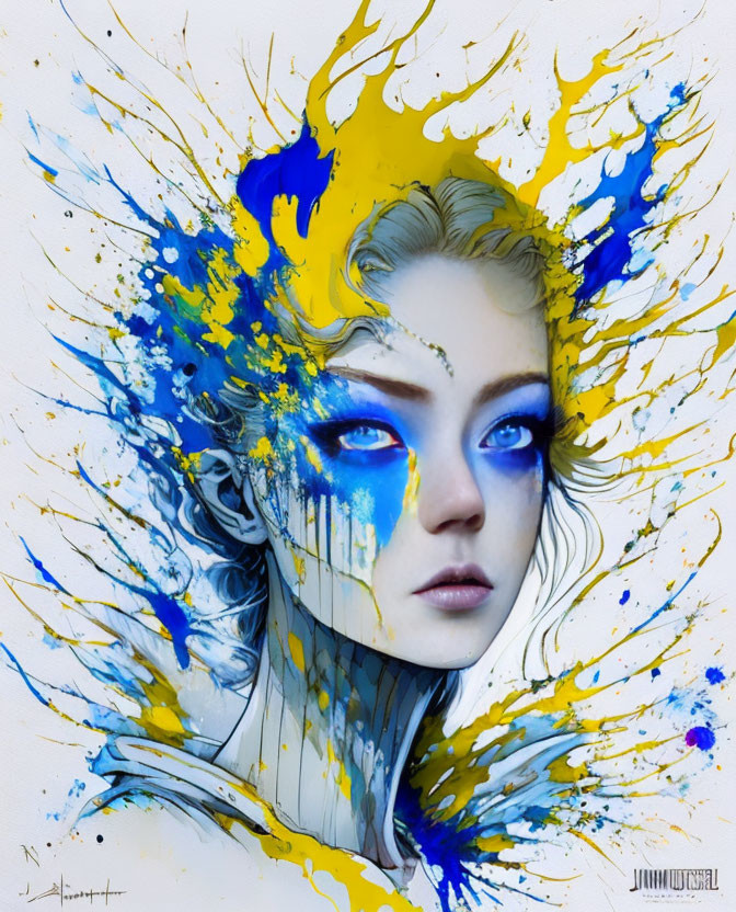 Vivid artwork of woman with blue eyes in yellow and blue paint splashes