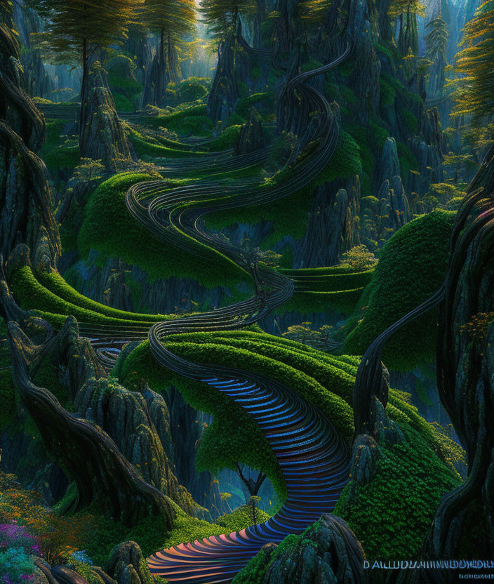 Enchanted forest with illuminated pathway through towering trees