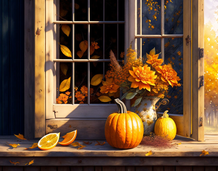 Autumn Still Life with Pumpkins, Orange Slices, Flowers, and Fall Leaves on Wooden Windows