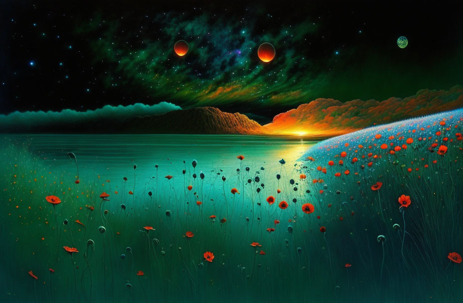 Surreal landscape with starry sky, planets, sunset, poppy field, lake, mountains