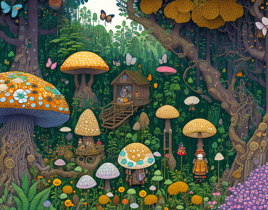 Detailed Forest Scene with Oversized Mushrooms, Treehouse, Flora, and Butterflies