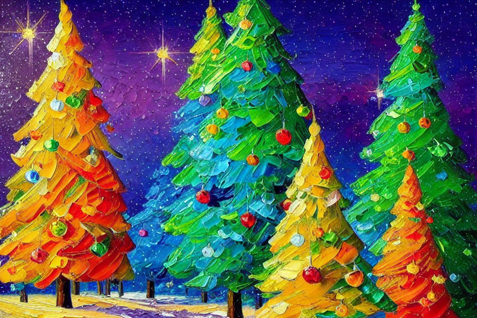 Colorful Christmas Trees Painting Under Starry Night Sky