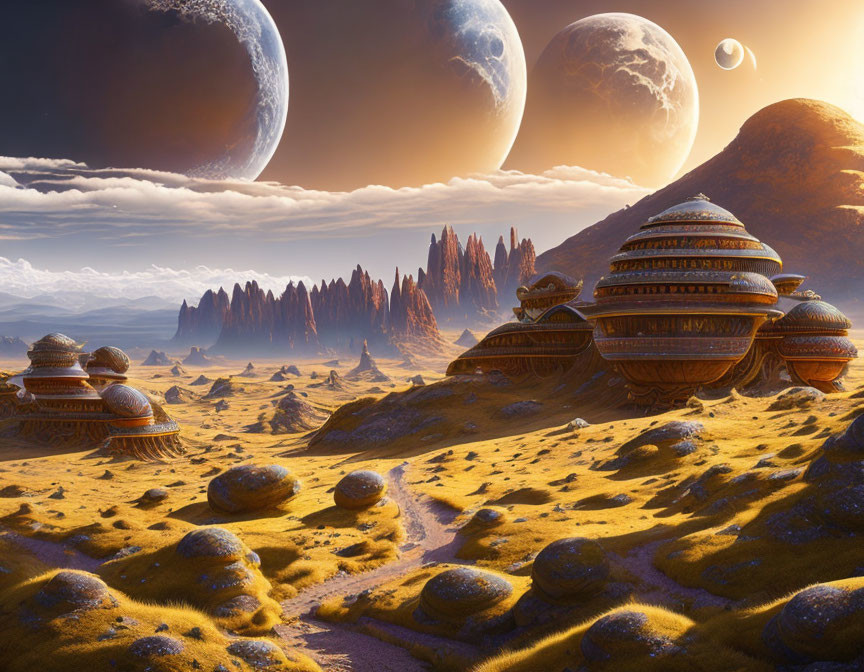 Alien structures and multiple moons in dramatic sci-fi landscape