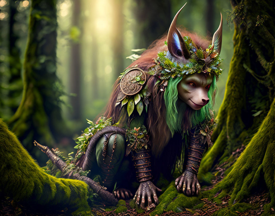 Green-furred creature with horns in sunlit forest