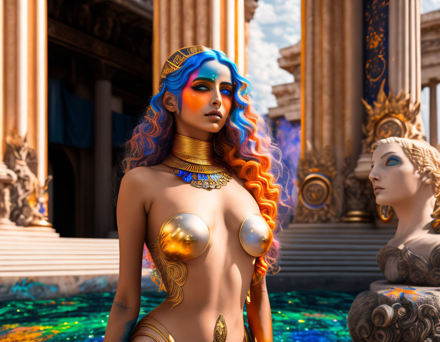 Fantasy character with blue and red hair, golden accessories, tattoos, and ancient temple backdrop.