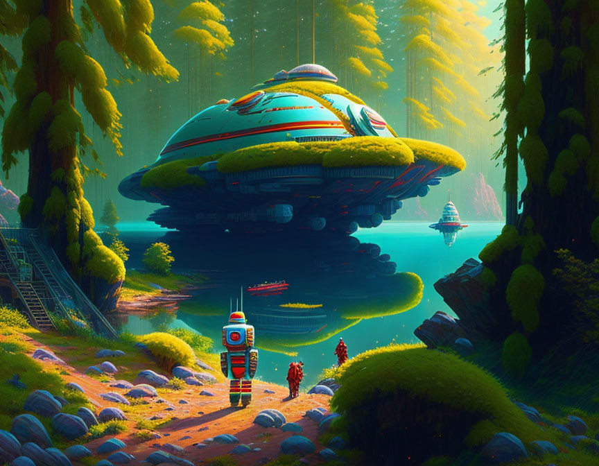 Sci-fi forest scene with spacecraft, astronaut, and explorers among giant trees