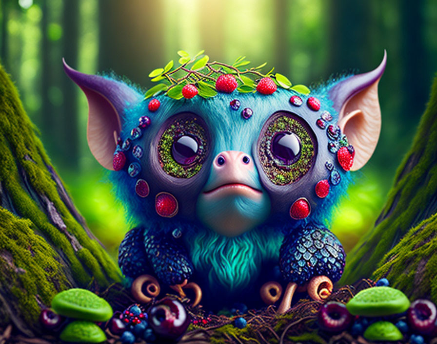 Fantastical blue furry creature in lush forest with berries and leaves