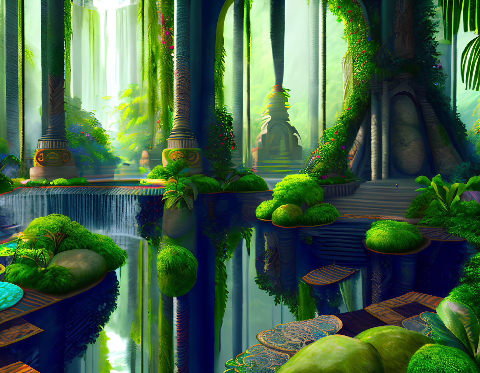 Majestic mythical forest with towering trees and reflective water