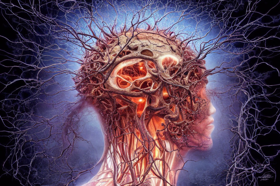 Detailed artwork: Human head intersected by tree branches