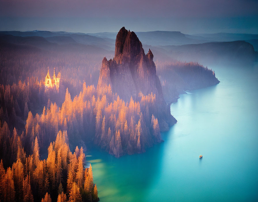 Illuminated castle on forested cliff with lone boat in warm light