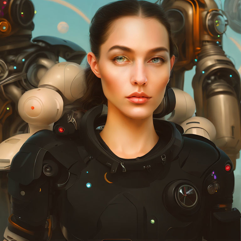 Fair-skinned woman in futuristic black suit with blue eyes, accompanied by two robots.