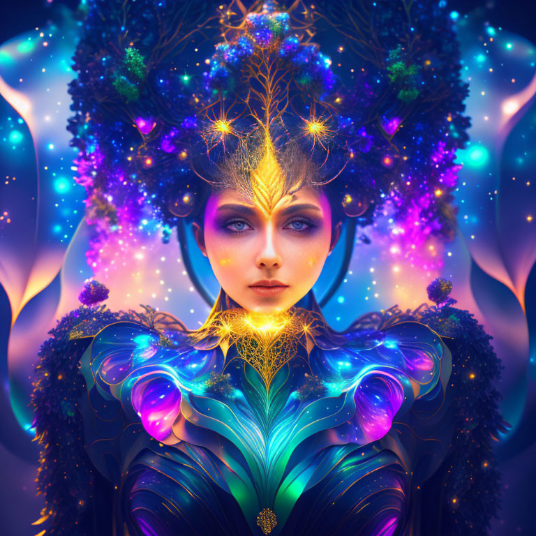 Vibrant cosmic-inspired female figure with glowing headdress & makeup