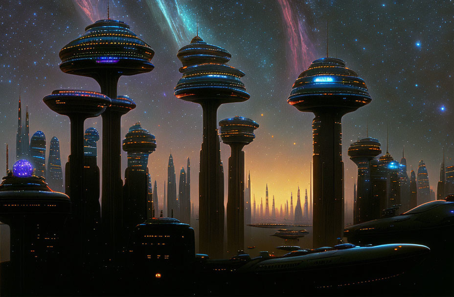 Futuristic night cityscape with skyscrapers, flying vehicles, and cosmic auroras