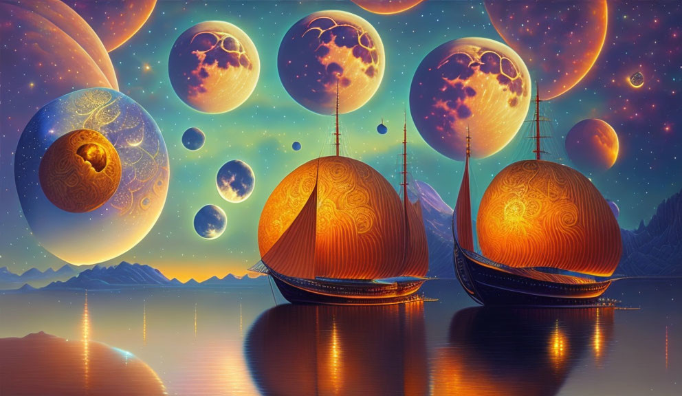 Vivid Fantasy Landscape with Ornate Ships and Multiple Moons