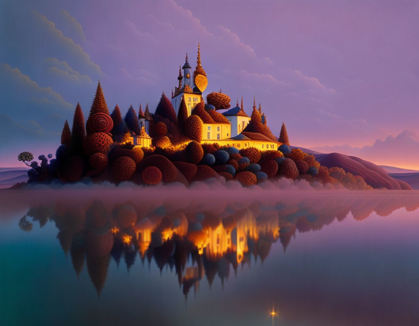 Surreal dusk landscape with castle-like structure and conical trees by tranquil lake