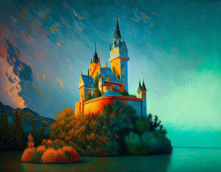 Colorful Fairytale Castle Painting with Dramatic Sky