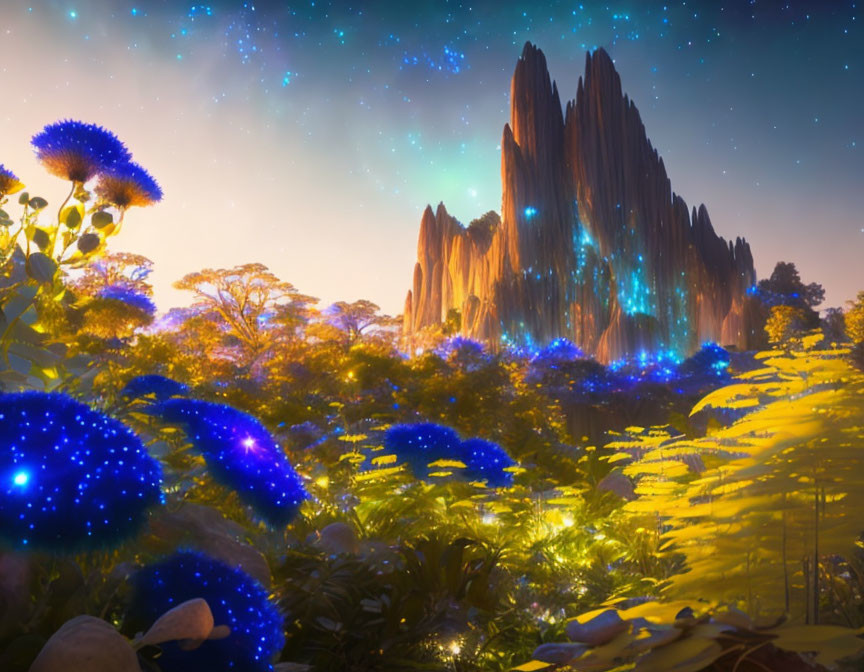 Fantasy landscape with glowing blue mushrooms, starry sky, and rock formations