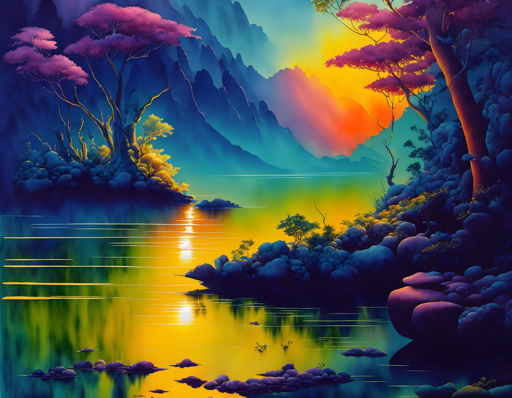 Serene lake sunset with pink trees and mountains