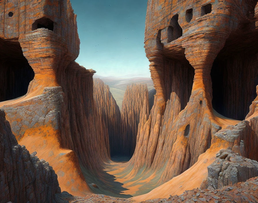 Orange Rock Formations Tower Over Narrow Canyon in Surreal Landscape