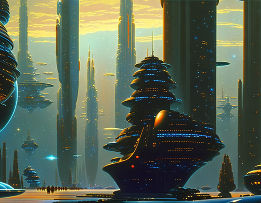 Futuristic cityscape with skyscrapers and flying vehicles in golden sky