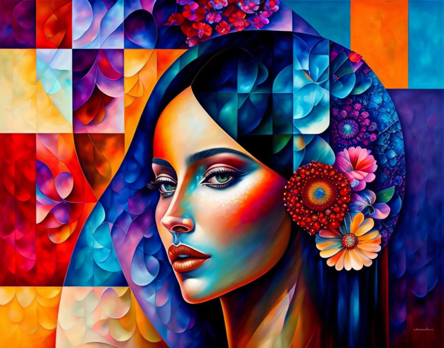 Colorful geometric background with floral patterns: Woman portrait.