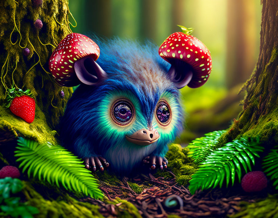 Colorful Fantasy Creature with Blue Fur in Enchanted Forest Setting